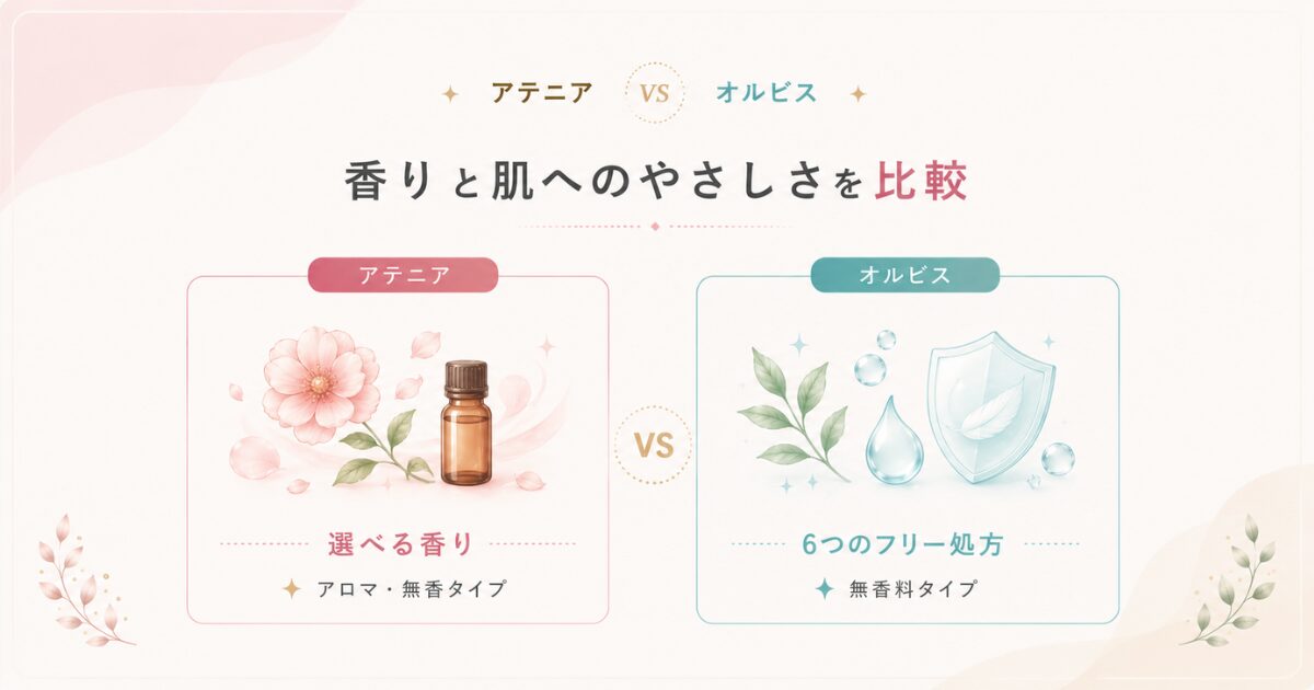 アテニアとオルビスのクレンジングオイルの香りと肌へのやさしさを比較したイメージ