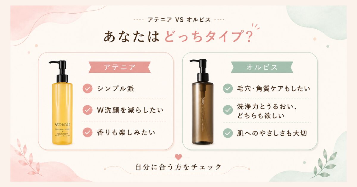 アテニアとオルビスのクレンジングオイルがどっちに向いてるか比較したイメージ