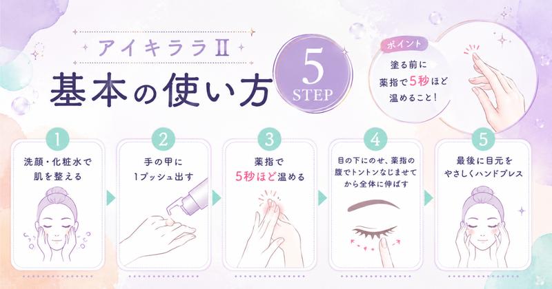 アイキララⅡの基本の使い方5ステップ(肌を整える→1プッシュ→薬指で温める→トントンなじませる→ハンドプレス)