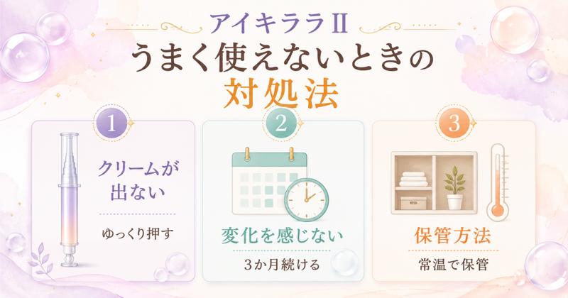 アイキララⅡがうまく使えないときの対処法(クリームが出ないときはゆっくり押す・3か月続ける・常温で保管)