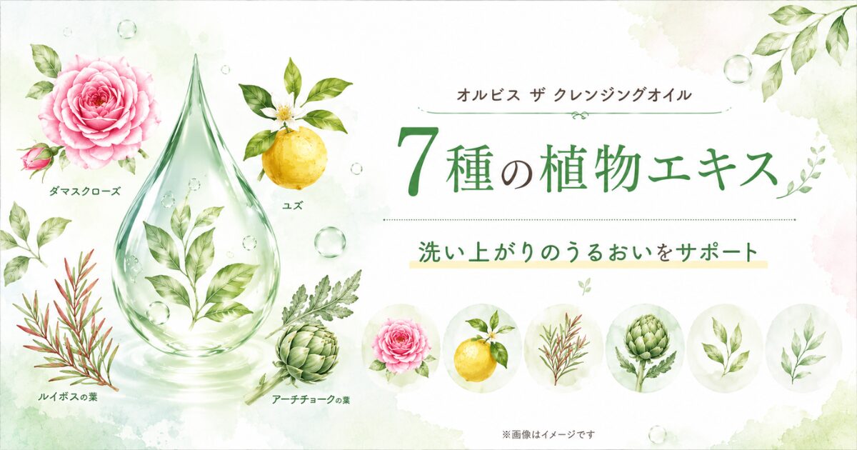 オルビス ザ クレンジングオイルに配合された7種の植物エキス(ダマスクローズ・ユズ・ルイボスなど)のイメージ